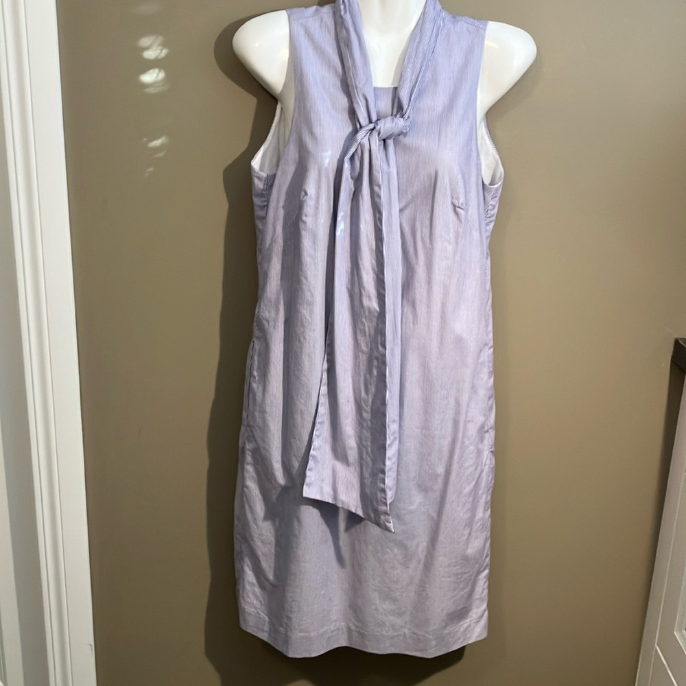 Navy and white pin striped shift dress with tie at neckline - lined
